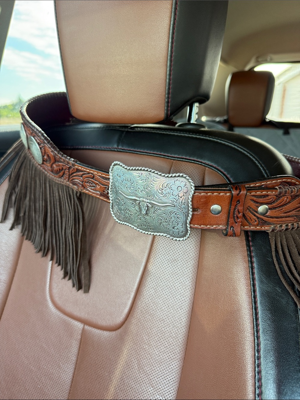 Tooled Brown Leather Western Belt with Silver Buckle and Fringe. Rodeo Quincy.